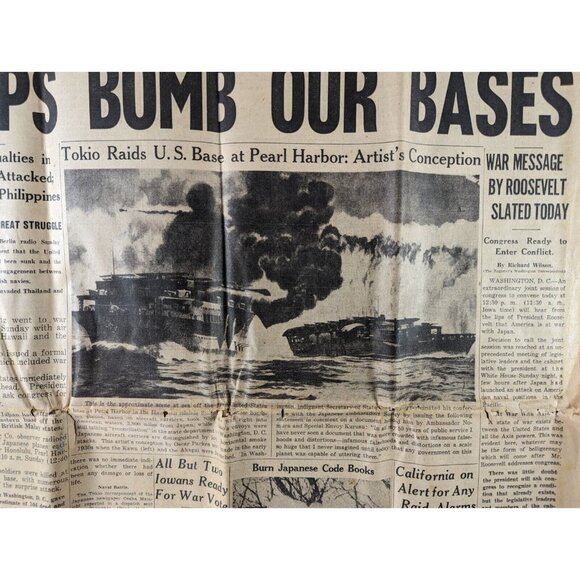 ORIGINAL! WWII Dec 8, 1941 newspaper Japan attacks Pearl Harbor, US DECLARE WAR! - Picture 6 of 16